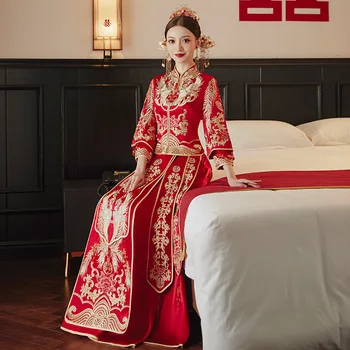 Kinų Stiliaus Tradicinis Klasikinis Phoenix Siuvinėjimo Taurę Drabužių Nuotaka Cheongsam Vestuvinė Suknelė