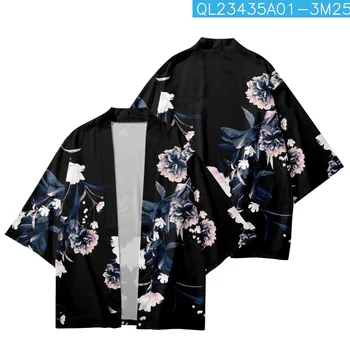 Vyrų, Moterų Derliaus Cosplay Mados Streetwear Juodos Spalvos Gėlių Spausdinti Tradicinių Kimono Megztinis Japonų Samurajus Negabaritinių Haori