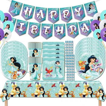 Princesė Jasmine Disney Tema Merginos Gimtadienio Reklama Popieriaus Indai, Taurės Plokštė Balionas Fone Baby Shower Prekes