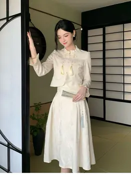 2024 m. pavasario, vasaros, nauja Kinų stiliaus moteris pagerėjo hanfu lady elegantiškas Ilgas rankovėmis mygtuką viršuje high waisted sijonas cheongsam rinkinys