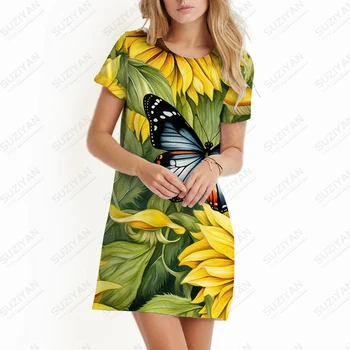Saulėgrąžų 3D Printed Dress Lauko Prekybos Trumpas rankovėmis Suknelė Vasaros Prarasti Atsitiktinis Suknelė Pagrindinio Didelio Dydžio Suknelę