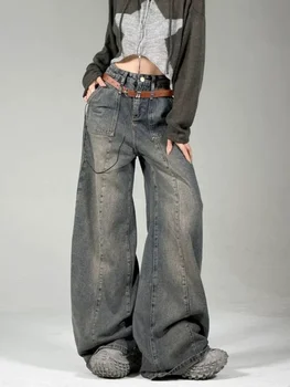 American Retro Nelaimę Baggy Jeans Moterų Y2K Derliaus 90s Streetwear Didelis Juosmens Džinsinio audinio Kelnės Moteriška Pločio Kojų Kelnės