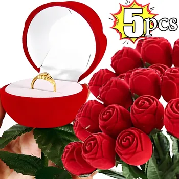 1/5vnt Velvet Rose Gėlės Žiedas Lange Raudona Rožė, Auskarai Ekranas Turėtojas Dovana Boxs Nuotakos Vestuvių Dalyvavimas Juvelyrikos Saugojimo Bylos