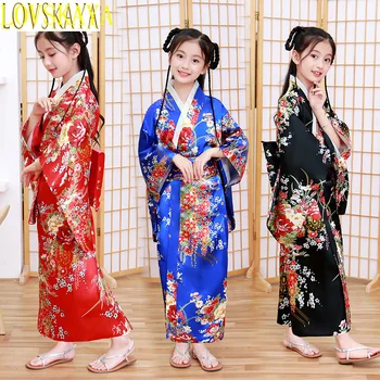 Kimono Japonų Tradicinis Ilgas Rankovėmis Vaidmenų Anime Haori Dress Satino, Šilko Vaikų Drabužių Dviejų dalių Komplektas