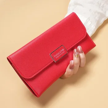 Naujos moteriškos piniginės korėjos versija tris kartus ilgas languotas sagtis laikymo maišelis multi-card pu odos pinigų klipas kortelės krepšys