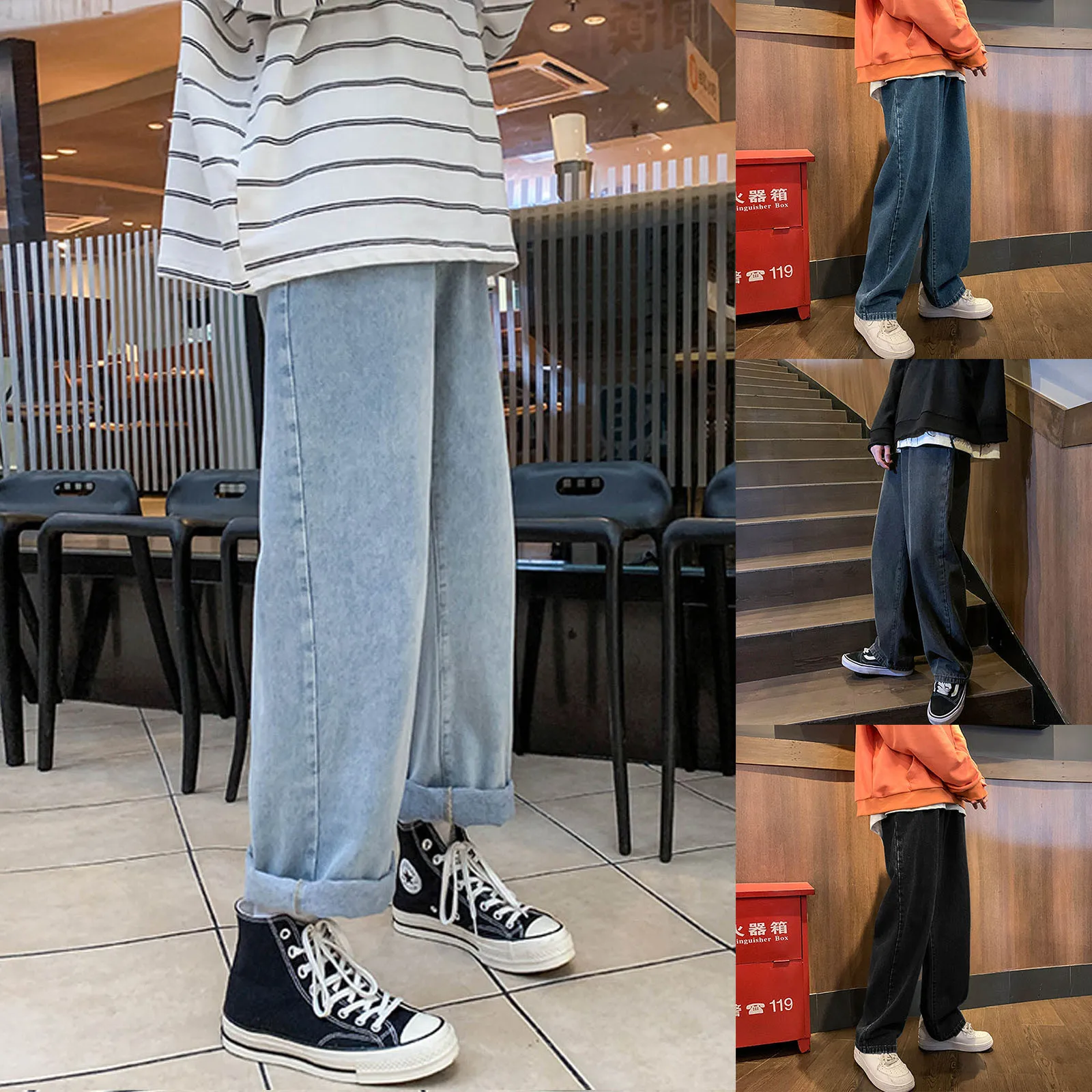 Vyrų Atsitiktinis Mados Prarasti Elastinga Juosmens Džinsai Gatvės Pločio Kojų Kelnės Kelnės Korėjos Mens Mados Drabužių Streetwear Ropa Hombre 0